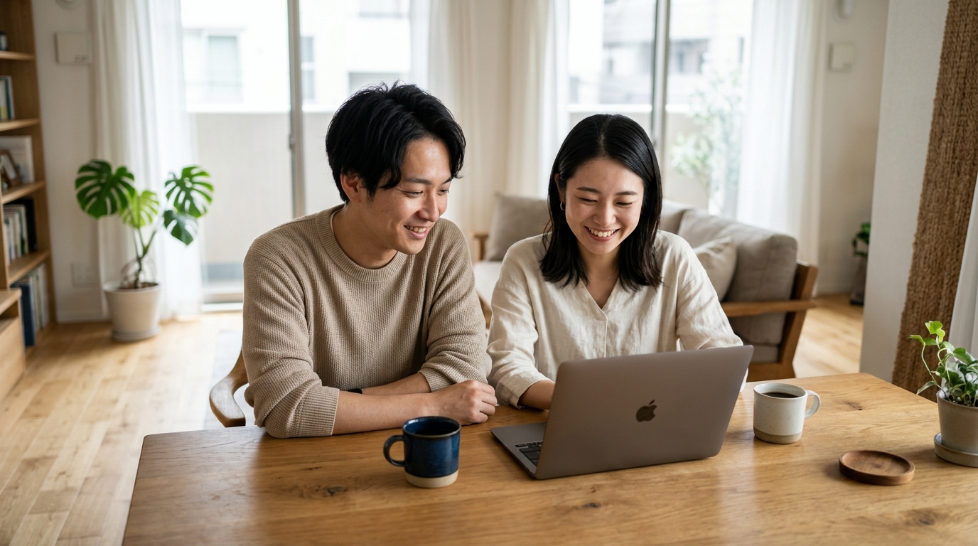 自宅リビングでノートパソコンを開きアルファードのWEB事前査定結果を比較する若い日本人夫婦