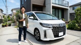 スマートフォンの画面でアルファードの事前概算査定額を笑顔で確認する若い日本人男性