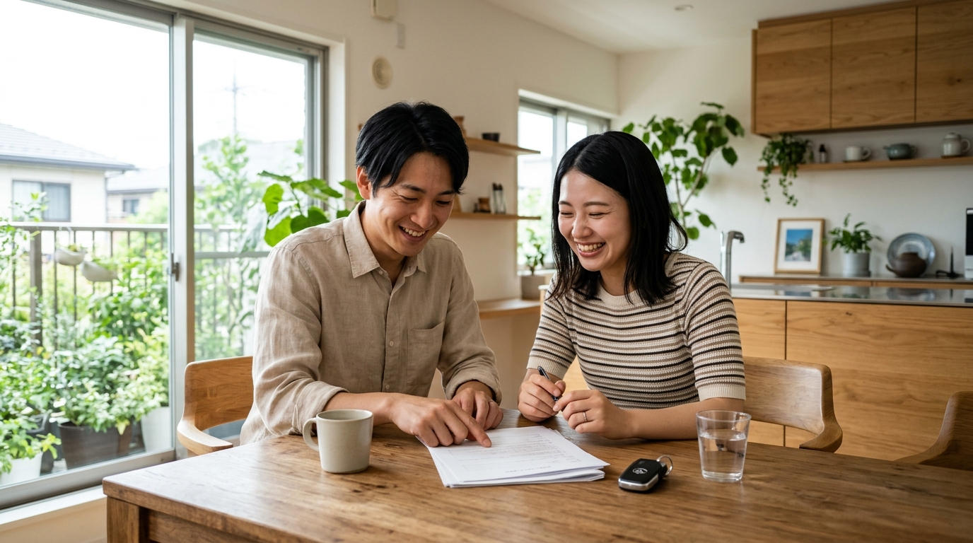 ダイニングテーブルでアルファードの売却契約書と査定見積書を確認する若い日本人夫婦