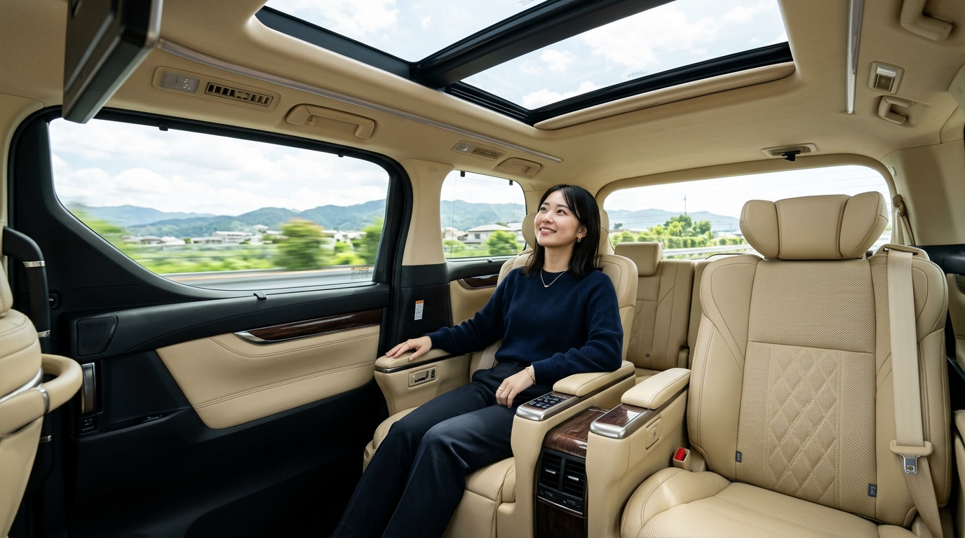 アルファードの明るい車内でツインムーンルーフとエグゼクティブパワーシートを確認する若い日本人女性