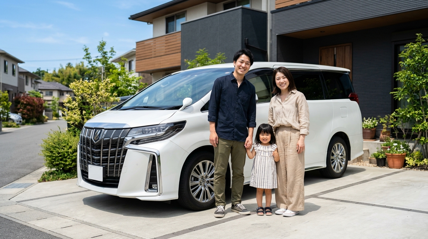 高く売却できたパールホワイトのアルファードの前で笑顔を見せる若い日本人夫婦と子ども