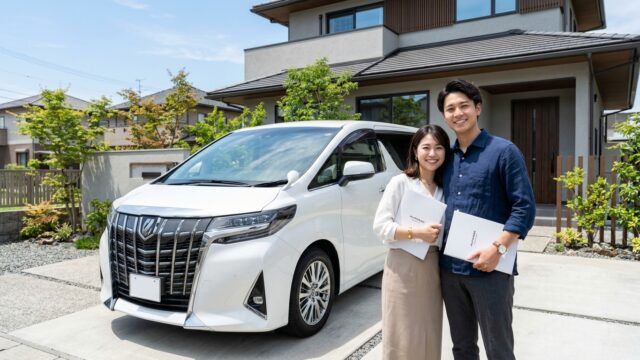 トヨタディーラーの下取り見積書と買取専門店の査定書を見比べて微笑む若い日本人夫婦