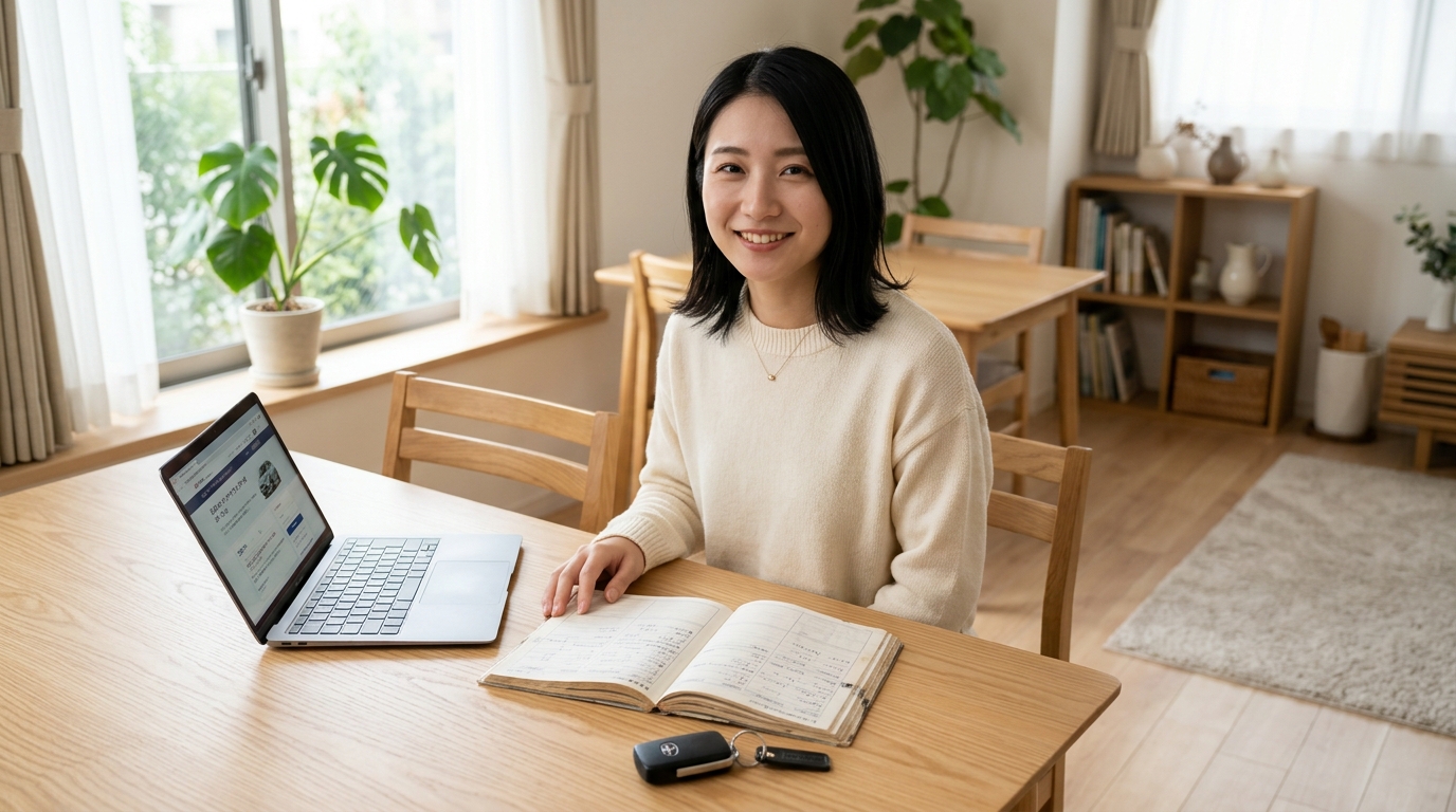自宅ダイニングでアルファードの自動車検査証と整備記録簿を確認する若い日本人女性