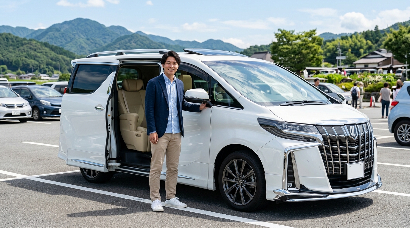 ツインムーンルーフとモデリスタエアロを装着したアルファードの外観と開放的な車内を確認する若い日本人男性