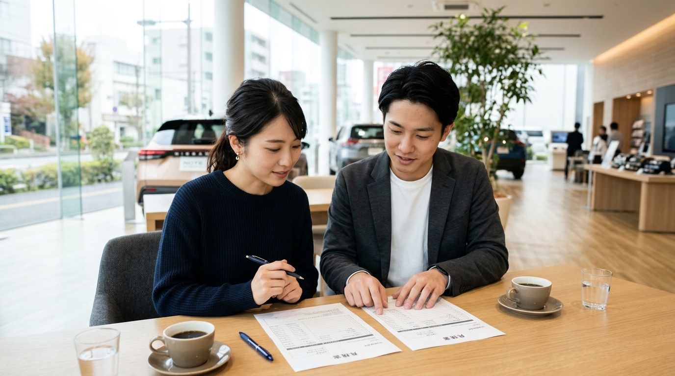 清潔な商談テーブルで新車見積書の新車値引き欄と下取り査定額欄を分けて確認する若い日本人夫婦
