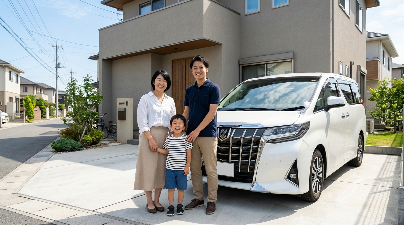 最高額で売却が決まったアルファードの横で笑顔を見せる若い日本人夫婦と子ども