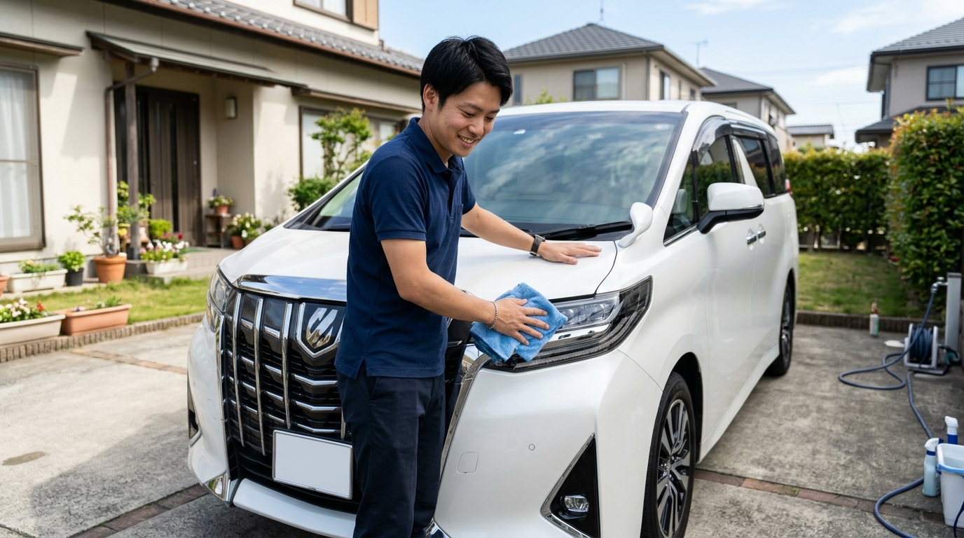 市販のタッチペンやコンパウンド自己補修の落とし穴 アルファードのボディの前でタッチペンを持たずにマイクロファイバークロスで優しく水拭きする若い日本人男性