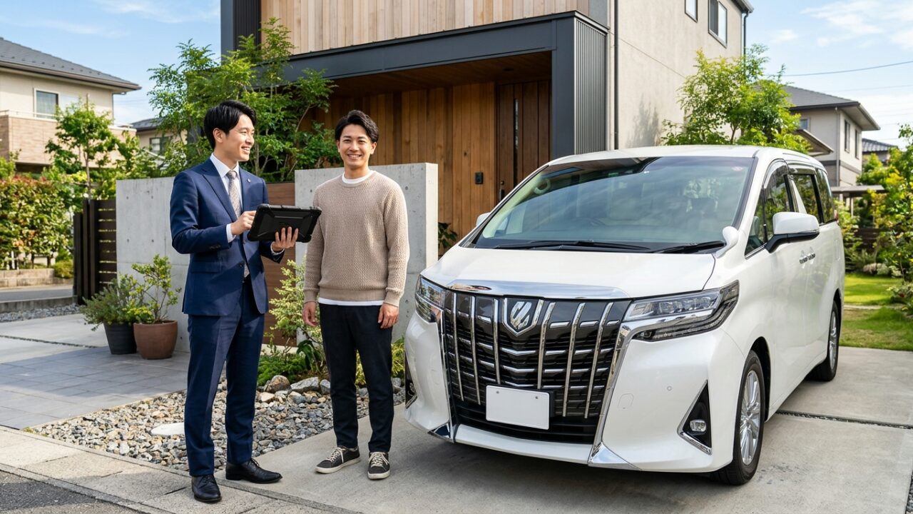 アルファードのフロントバンパーの擦り傷を確認しながらタブレットの査定表を見る若い日本人査定員と男性オーナー