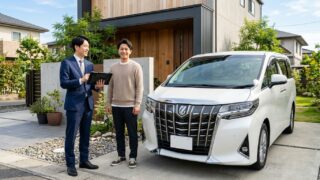 アルファードのフロントバンパーの擦り傷を確認しながらタブレットの査定表を見る若い日本人査定員と男性オーナー