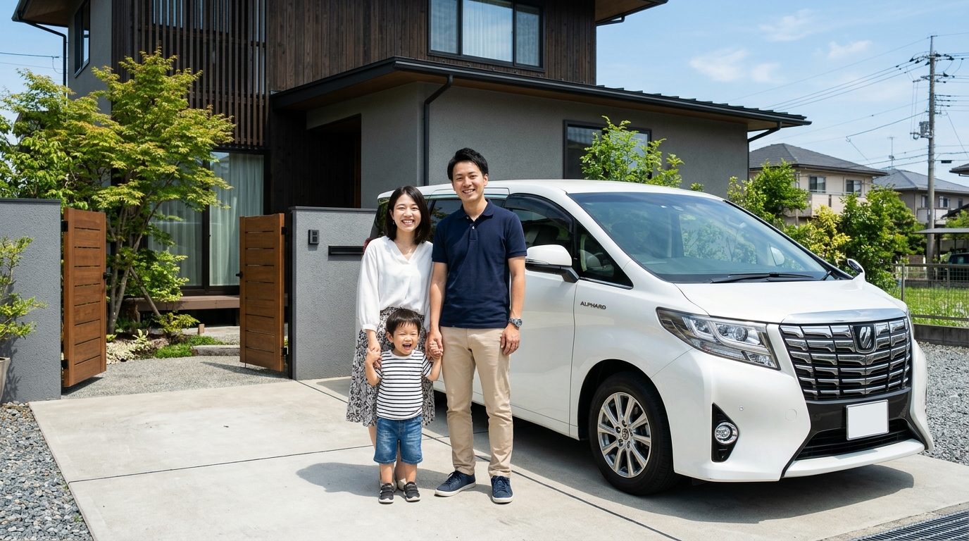 アルファードの傷や凹みでリセールが落ちる対策まとめ 洗車して綺麗になったアルファードの横で笑顔を見せる若い日本人夫婦と子ども