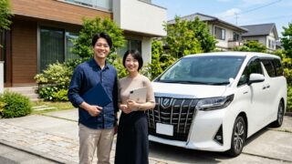 パールホワイトのアルファードの前で車検証とカレンダーを見ながら売却時期を相談する若い日本人夫婦