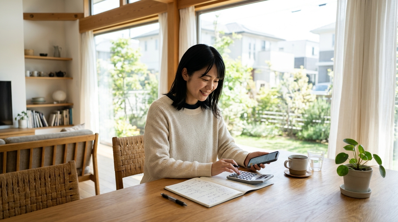 3年目と5年目の売却時期に関するよくある質問 明るいリビングのテーブルで電卓と車検見積書を見ながら笑顔で話す若い日本人女性
