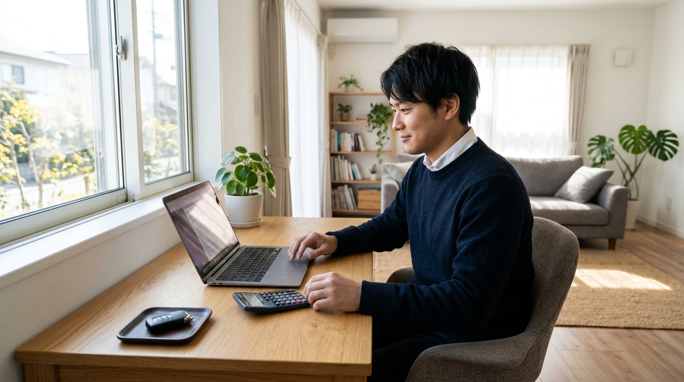アルファードの3年と5年のリセールバリュー比較 明るい書斎でアルファードの3年目と5年目の査定推移グラフをノートパソコンで確認する若い日本人男性