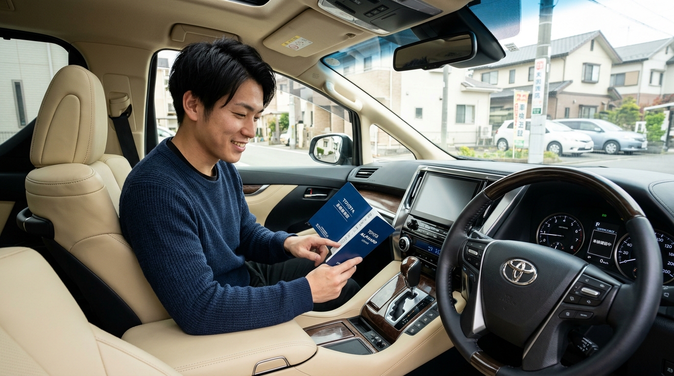 輸出の月数リミットから逆算する売却スケジュール アルファードの運転席で車検証の初度登録年月とオドメーターの走行距離を確認する若い日本人男性