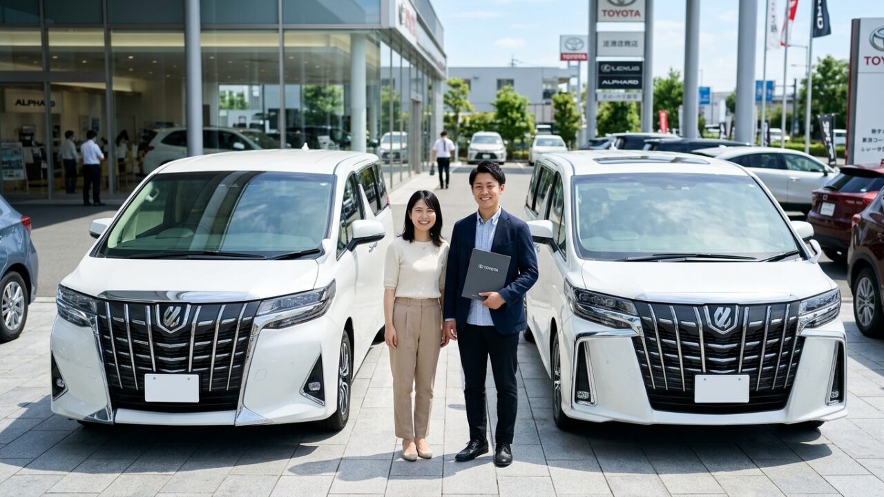 新型と旧型のアルファードが並ぶ販売店の前で査定書類を見ながら笑顔で相談する若い日本人夫婦