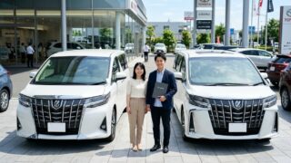 新型と旧型のアルファードが並ぶ販売店の前で査定書類を見ながら笑顔で相談する若い日本人夫婦