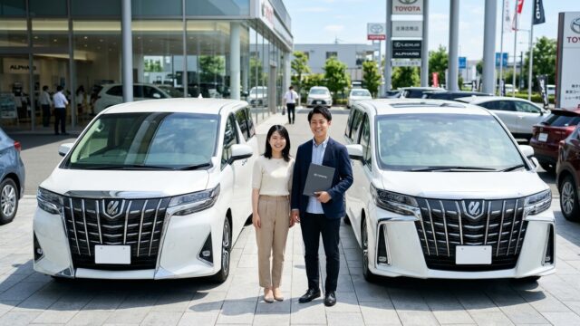 新型と旧型のアルファードが並ぶ販売店の前で査定書類を見ながら笑顔で相談する若い日本人夫婦