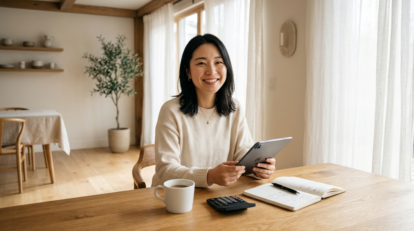 モデルチェンジと売却時期に関するよくある質問 自宅のダイニングでタブレットと電卓を使いながらアルファードの売却計画を話し合う若い日本人女性