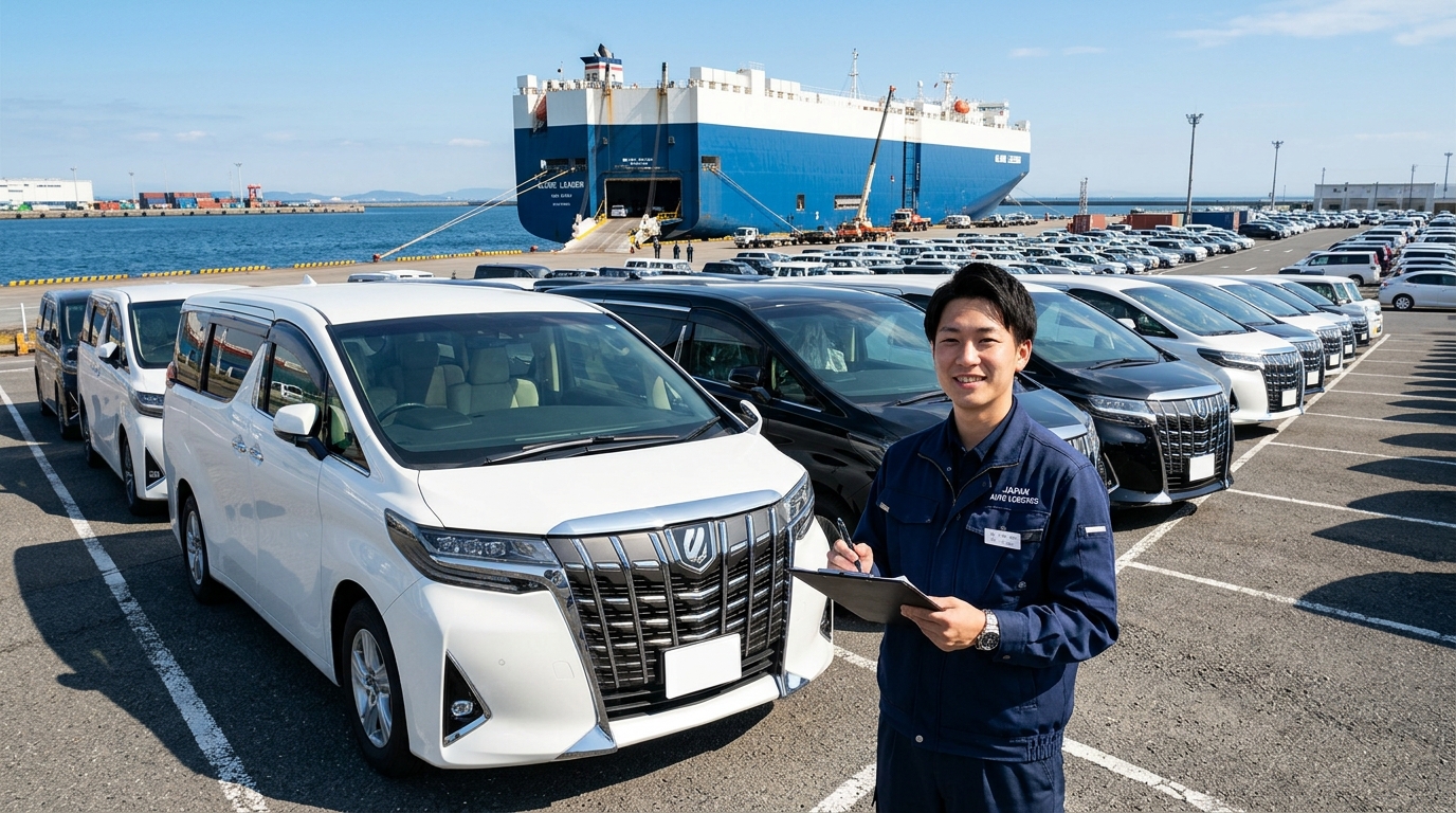海外輸出バイヤーが旧型を買い支える回復の仕組み 輸出港のヤードに並ぶ型落ち30系アルファードを笑顔で点検する若い日本人男性スタッフ