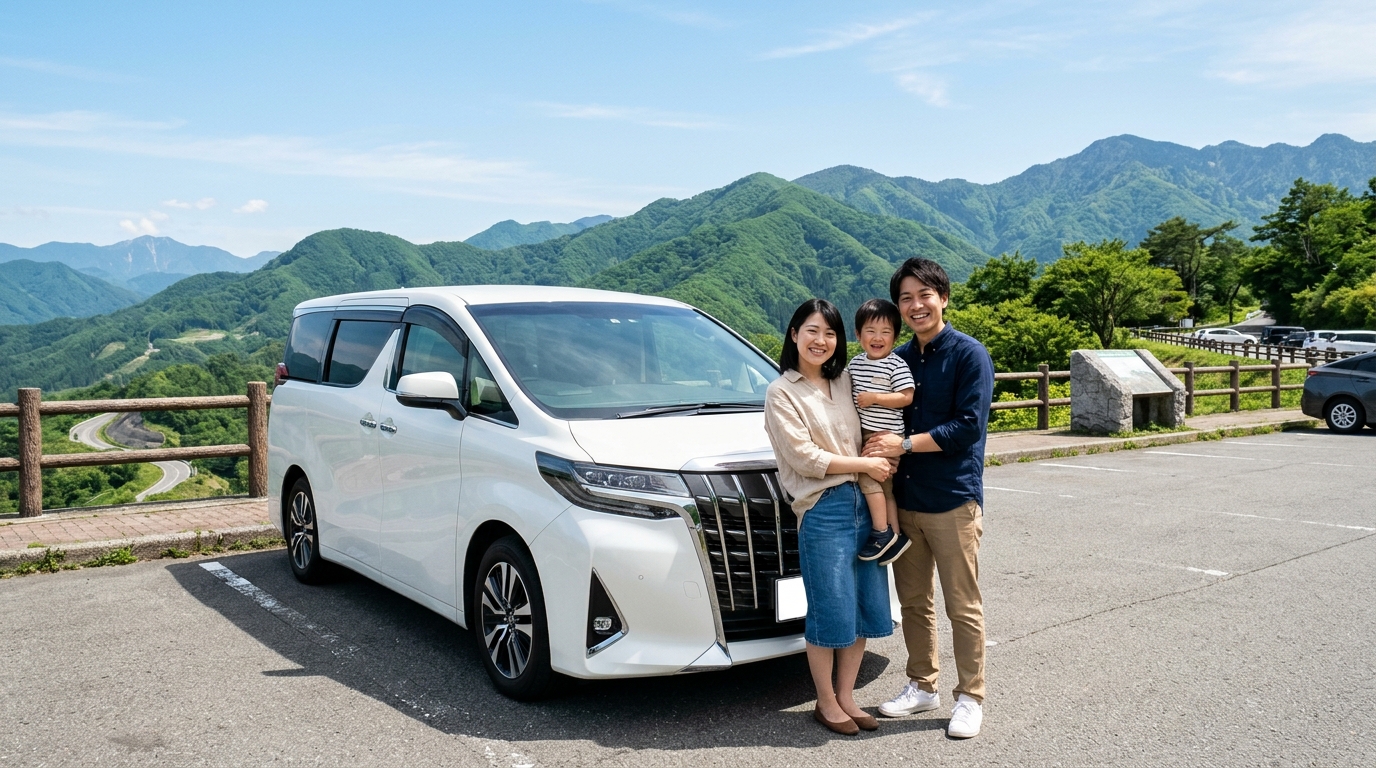 アルファードの型落ちモデルチェンジ相場まとめ 晴れた休日の高原駐車場でパールホワイトのアルファードの横に立つ笑顔の若い日本人夫婦と子ども