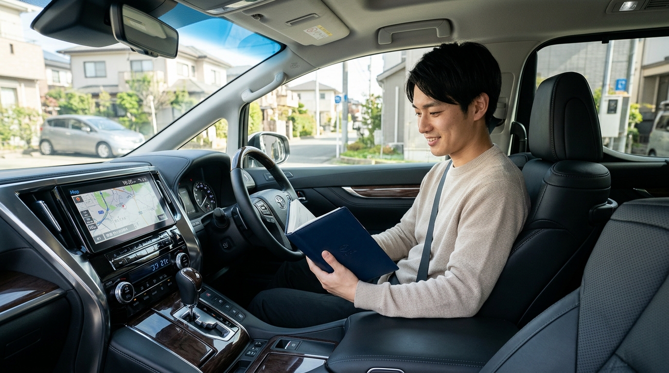 輸出の経過年数ルールを活かした売却時期の選び方 アルファードの運転席で車検証の初度登録年月と走行距離を確認する若い日本人男性