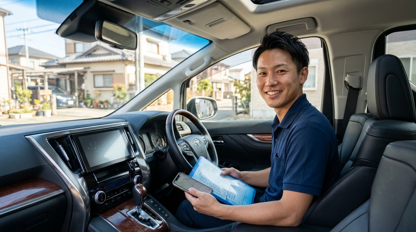 アルファードの運転席に座り車検証の初度登録年月とカレンダーを確認する若い日本人男性