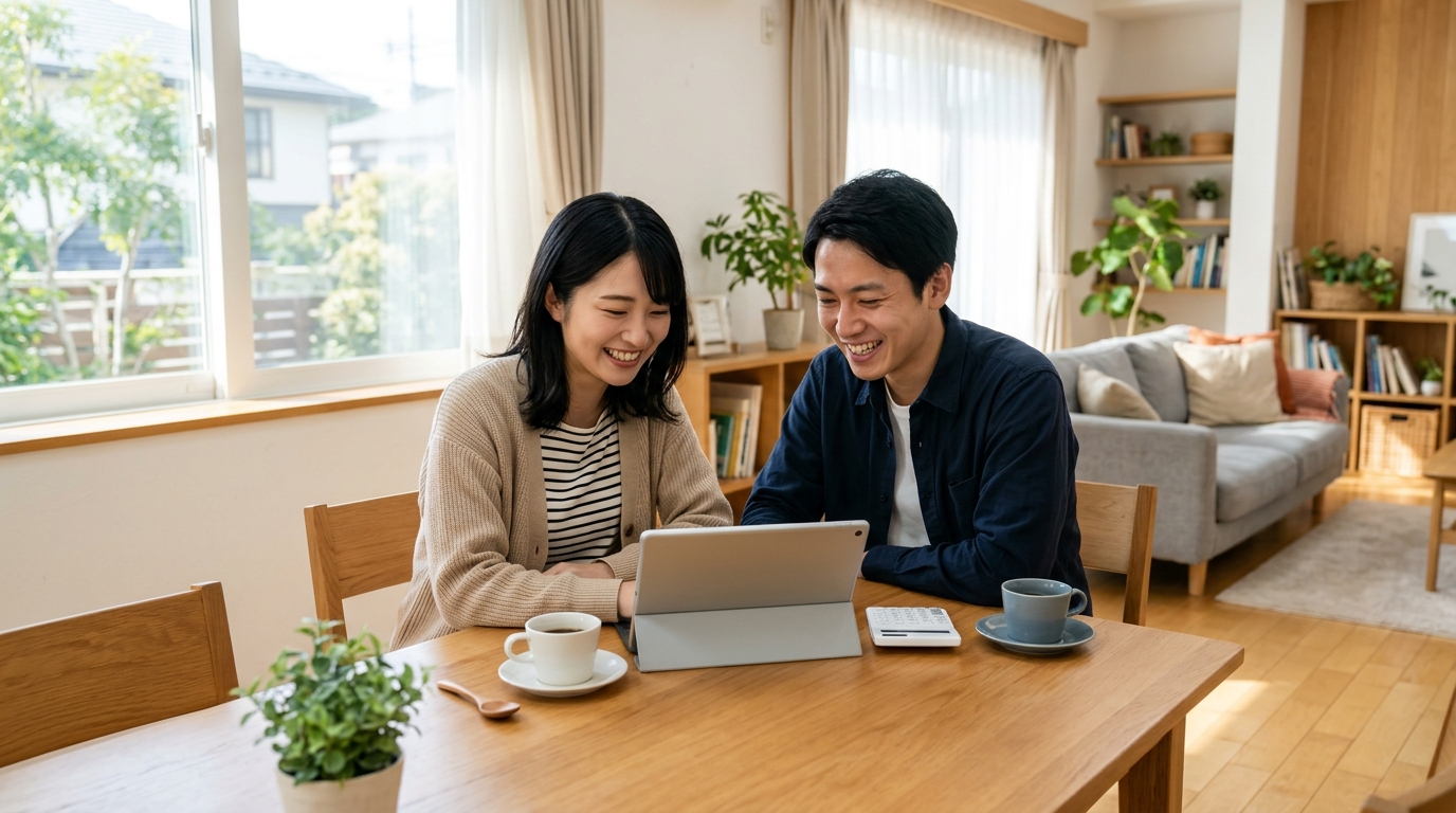 明るいリビングのテーブルでタブレットを見ながらアルファードの輸出買取条件を確認する若い日本人夫婦