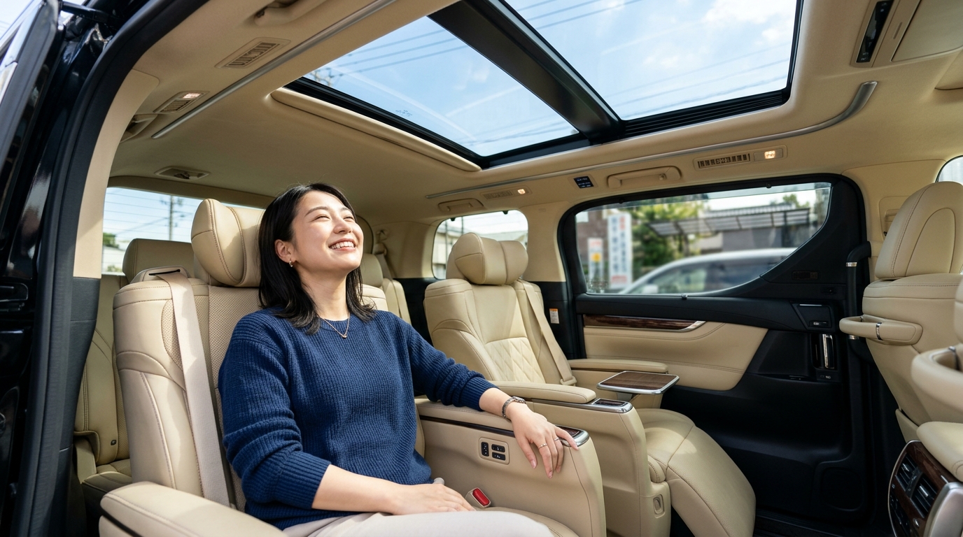アルファードの明るい車内で開放感のあるツインムーンルーフを見上げながら微笑む若い日本人女性