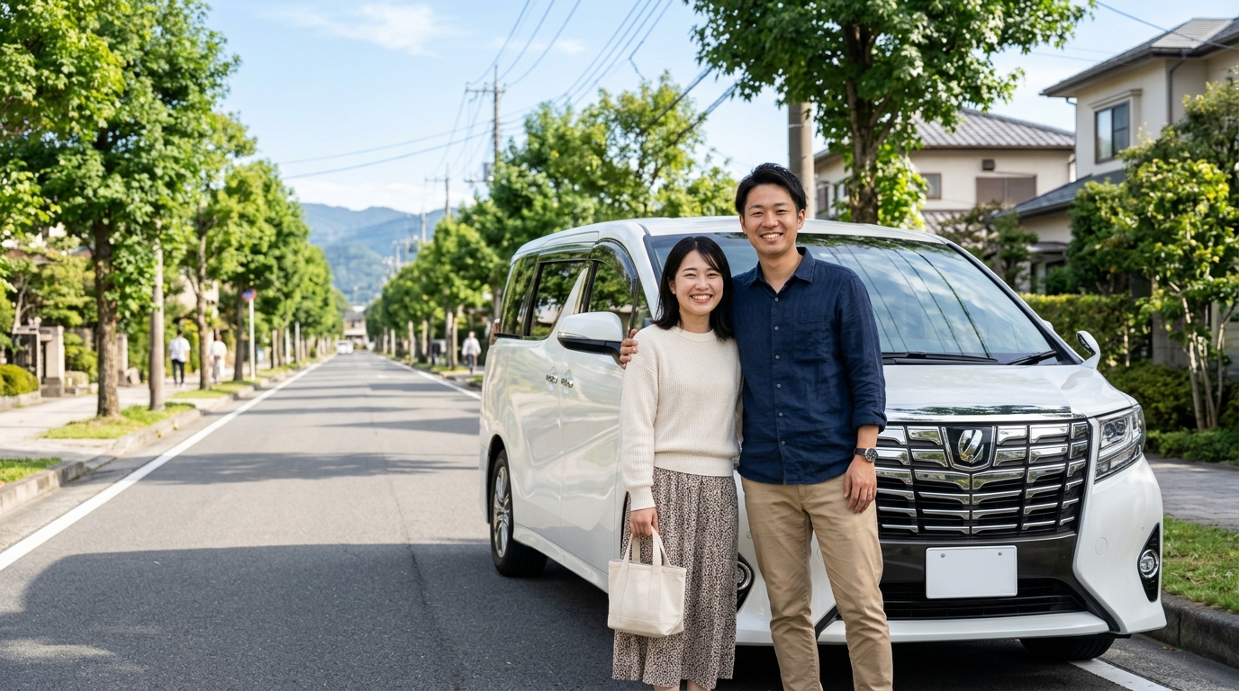 晴れた休日の美しい並木道に停めたパールホワイトのアルファードの横に立つ笑顔の若い日本人夫婦