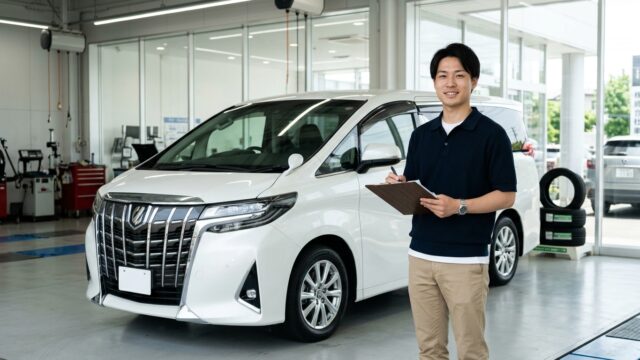 明るいガレージでパールホワイトのアルファードのフロント部分を確認しながら査定書類を見る若い日本人男性