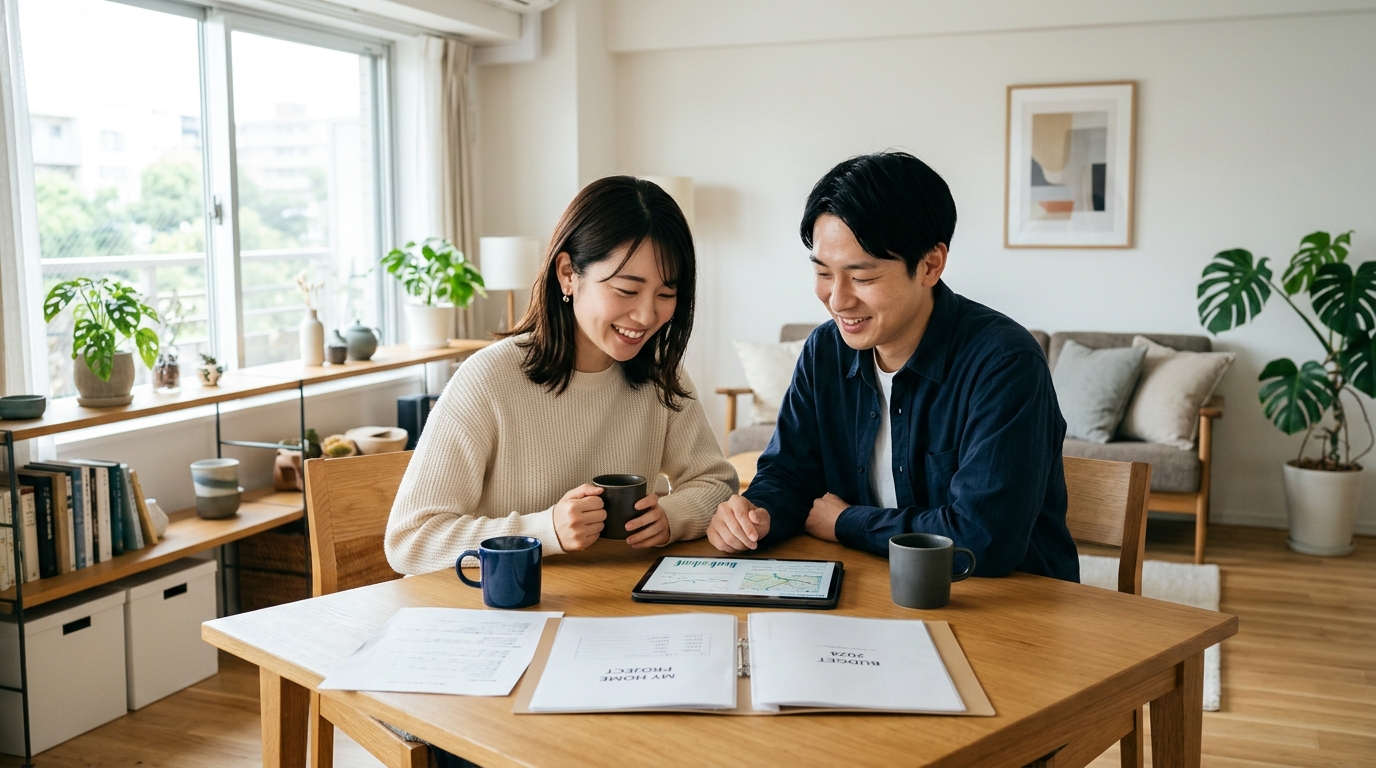 修復歴のある車両の売却と査定に関するよくある質問 明るいリビングのテーブルで自動車保険の書類とタブレットを見ながら相談する若い日本人夫婦