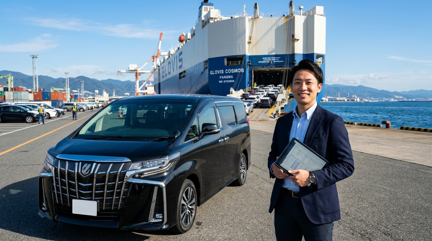 修復歴車でも高値がつく海外輸出ルートと現地の需要 輸出港のヤードに並ぶブラックのアルファードの横でタブレット端末を確認する若い日本人男性バイヤー