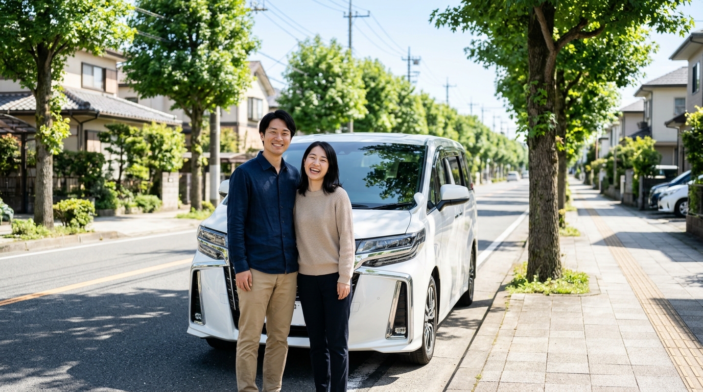 アルファードの事故歴と査定減額の対策法まとめ 晴れた日の美しい並木道に停めたパールホワイトのアルファードの前で笑顔を見せる若い日本人夫婦