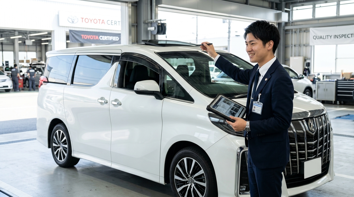 アルファードを買取専門店とディーラーで比較した差 清潔な査定スペースでパールホワイトのアルファードの外装と内装オプションを確認する若い日本人男性査定士
