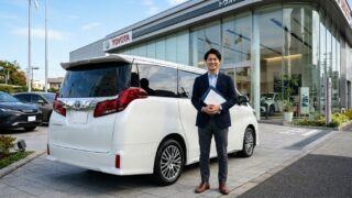 明るいショールームの前でパールホワイトのアルファードの横に立ち査定見積書を見比べる若い日本人男性