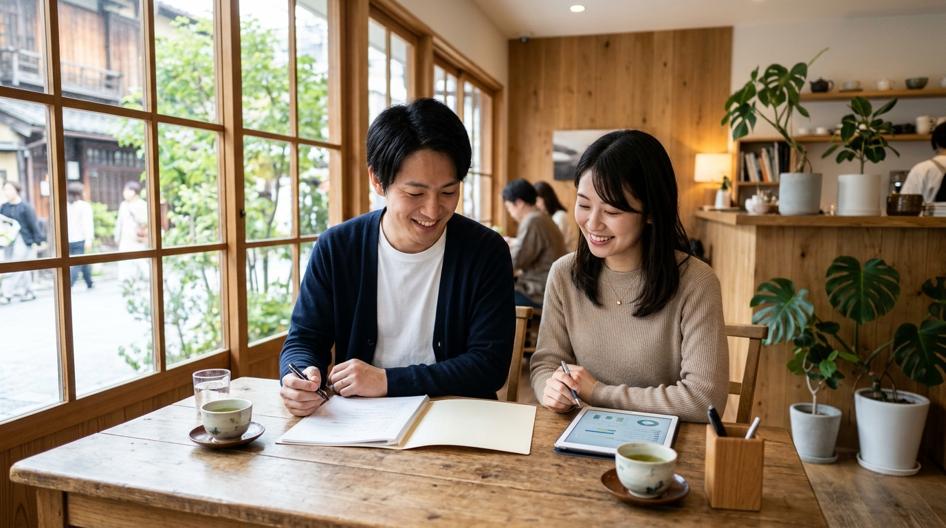 下取りと買取の使い分けや売却に関するよくある質問 カフェ風の明るいテーブル席で新車の見積書と買取査定書を並べて笑顔で相談する若い日本人夫婦