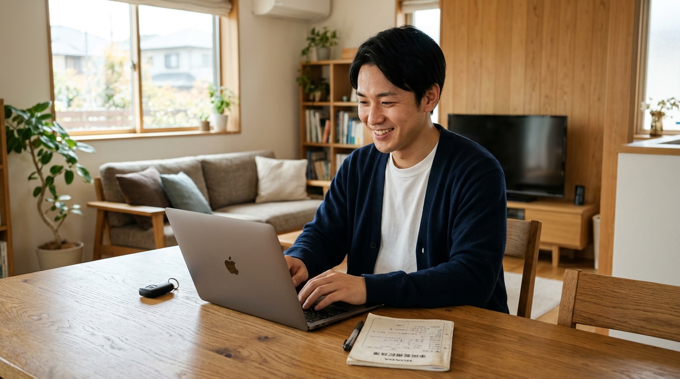 廃車費用を払う前に輸出と廃車買取の専門店を比較する 明るいリビングのテーブルでノートパソコンを開き過走行車対応の買取専門店の比較画面を見る若い日本人男性