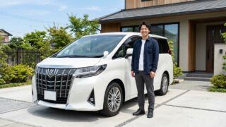 晴れた青空の下で長年大切に乗ってきたパールホワイトのアルファードの横に立ち笑顔を見せる若い日本人男性