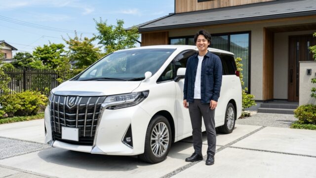 晴れた青空の下で長年大切に乗ってきたパールホワイトのアルファードの横に立ち笑顔を見せる若い日本人男性