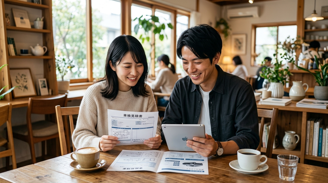 多走行車の売却や廃車手続きに関するよくある質問 明るいカフェ風の相談席で車検証とメンテナンスノートを開きながら笑顔で話す若い日本人夫婦