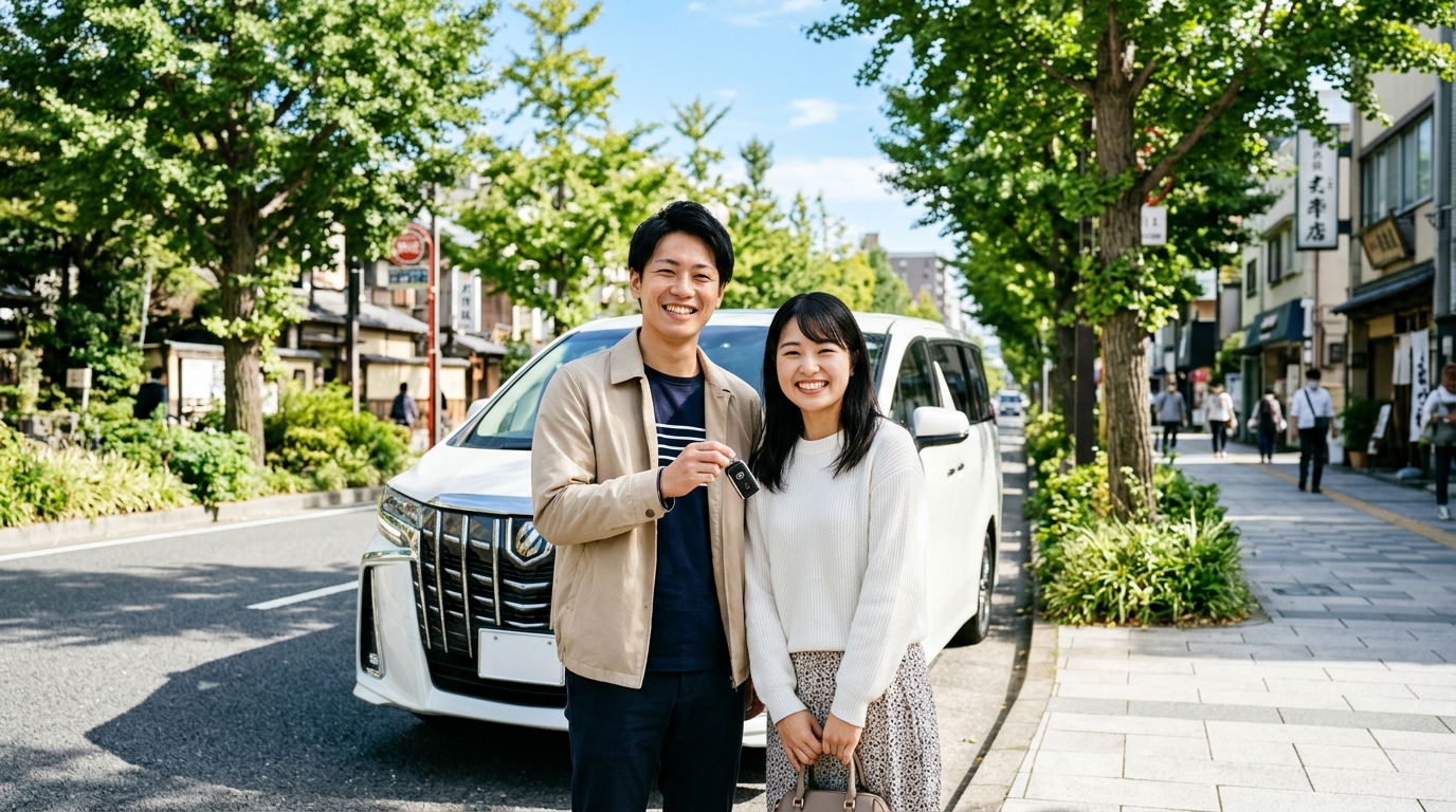 アルファードが過走行で売れない時の対策法まとめ 夕暮れの美しい並木道に停めたパールホワイトのアルファードの前でスマートキーを持って微笑む若い日本人夫婦