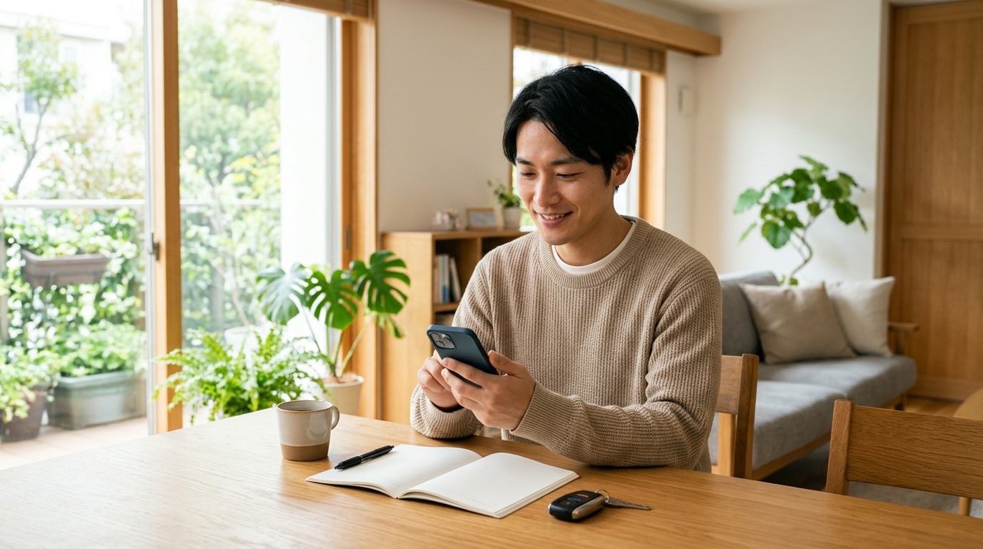 残債額と据置残価の合計を正確に照会する事前確認法 明るい自宅リビングのテーブルでスマートフォンと契約書類を見ながら残価設定ローンの残債額を確認する若い日本人男性