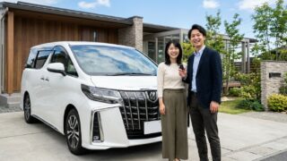 洗練された現代的な日本の住宅前でパールホワイトのアルファードの横に立ちスマートキーを持って微笑む若い日本人夫婦