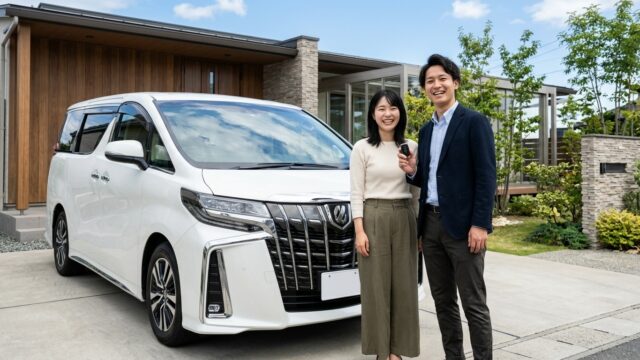 洗練された現代的な日本の住宅前でパールホワイトのアルファードの横に立ちスマートキーを持って微笑む若い日本人夫婦