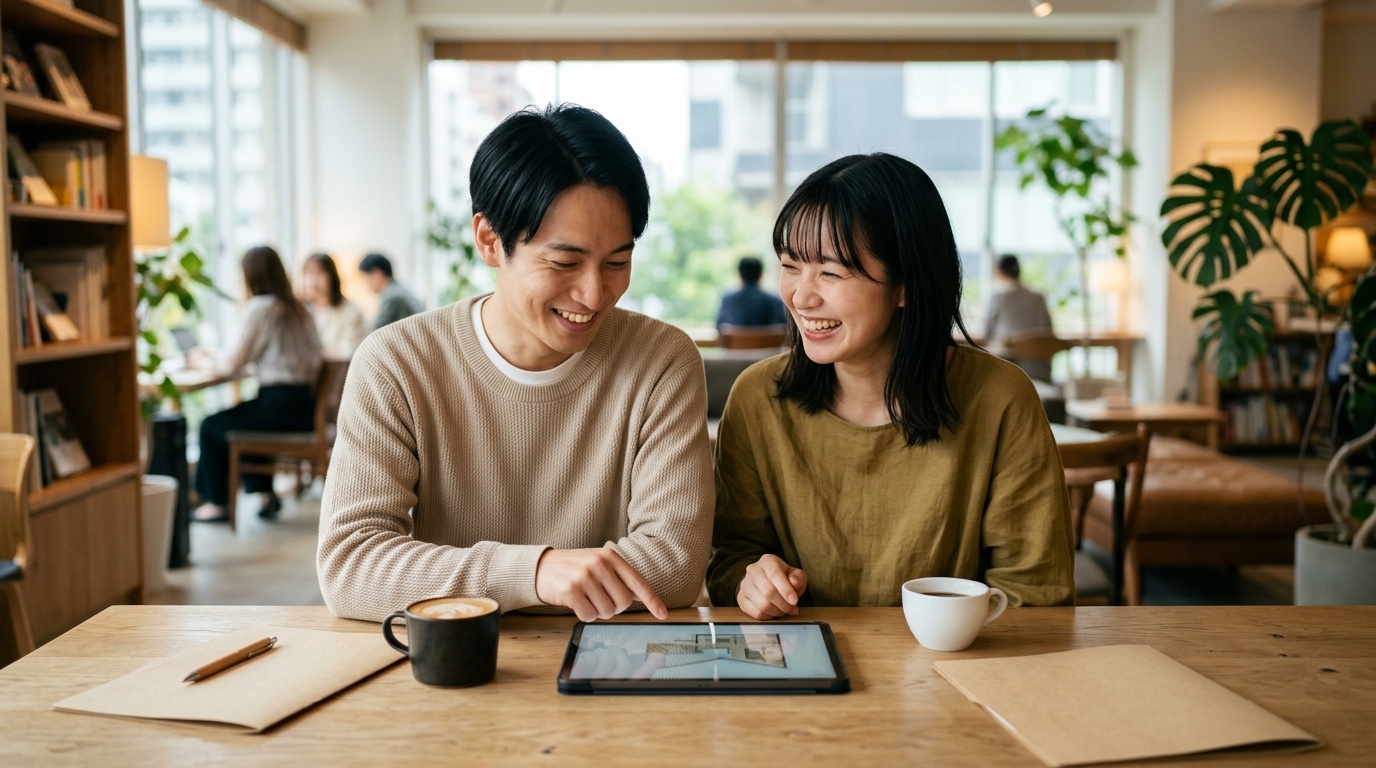 残クレ車両の途中精算や乗り換えに関するよくある質問 洗練された明るいカフェのテーブル席でタブレットと書類を見ながら笑顔で乗り換え相談をする若い日本人夫婦