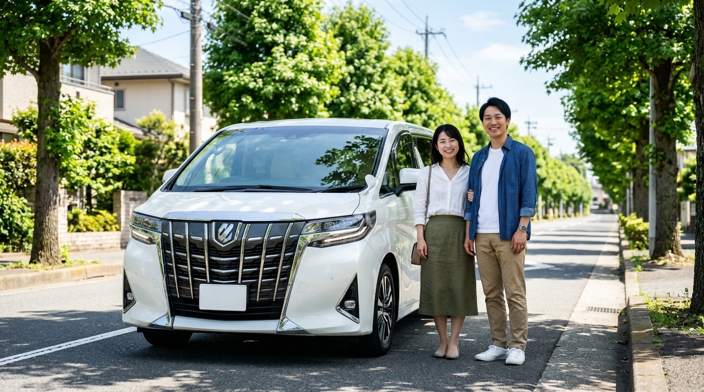 アルファードの残価設定ローン売却で損しないまとめ 晴れた青空の下の美しい並木道でパールホワイトのアルファードの前に立ち笑顔で寄り添う若い日本人夫婦