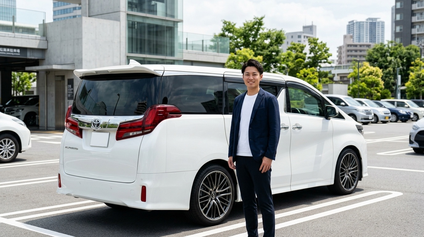 19インチやカスタム20インチで跳ね上がる価格差 洗練された日本の都市の駐車場に佇む大径ホイールを装着したパールホワイトのアルファードと誇らしげに微笑む若い日本人男性オーナー