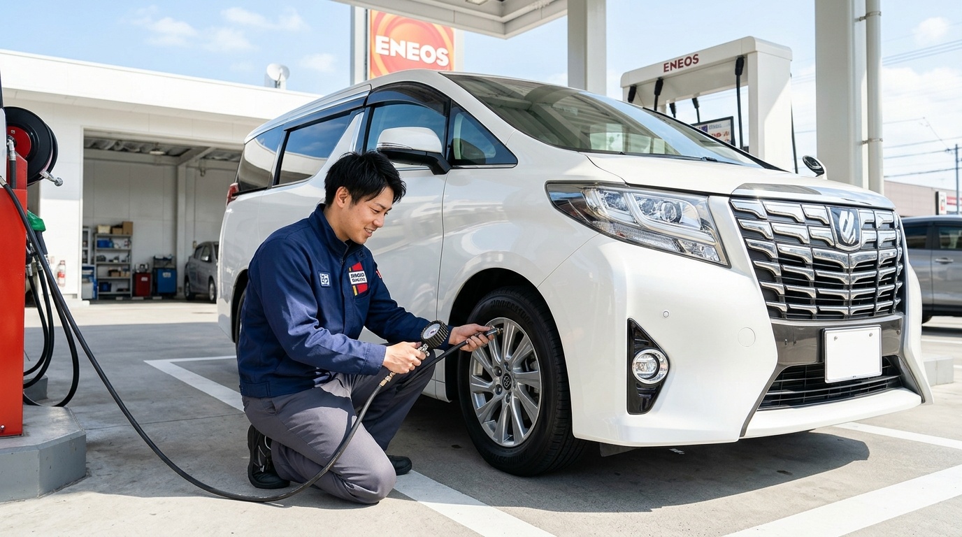 月1回の空気圧点検とローテーションで寿命を延ばす 晴れた日の清潔なガソリンスタンドでパールホワイトのアルファードのタイヤにエアゲージを当てて空気圧を点検する若い日本人男性