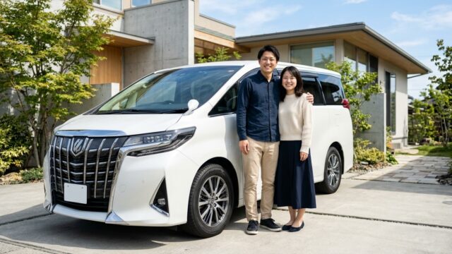 清潔で明るい日本の自宅ガレージ前でパールホワイトのアルファードの18インチタイヤとホイールを確認しながら微笑む若い日本人夫婦
