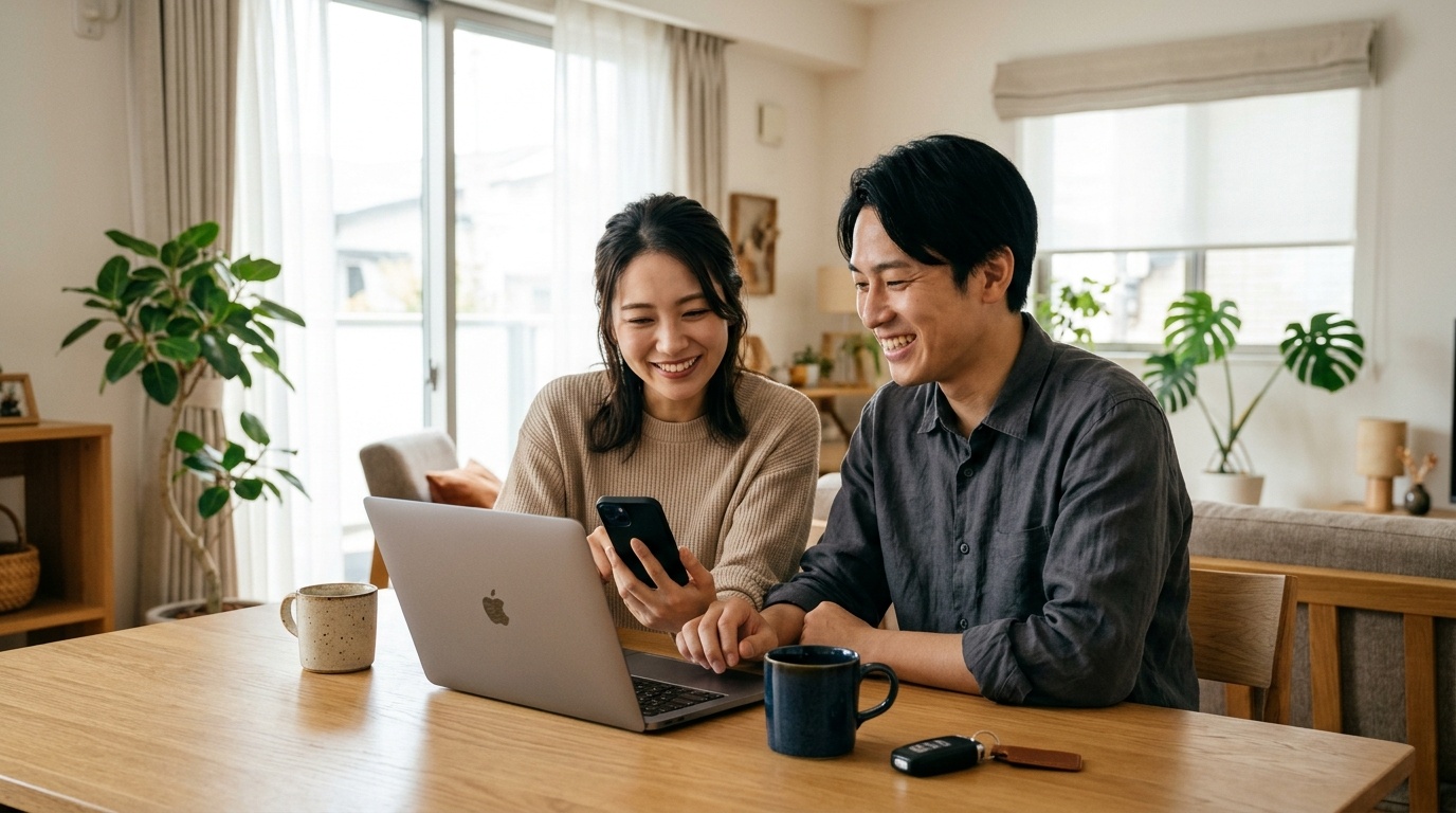 ディーラーや量販店よりネット通販と直送交換が得 明るい自宅リビングのテーブルでノートパソコンとスマートフォンを使いタイヤ通販の価格と取付店予約を比較する若い日本人夫婦